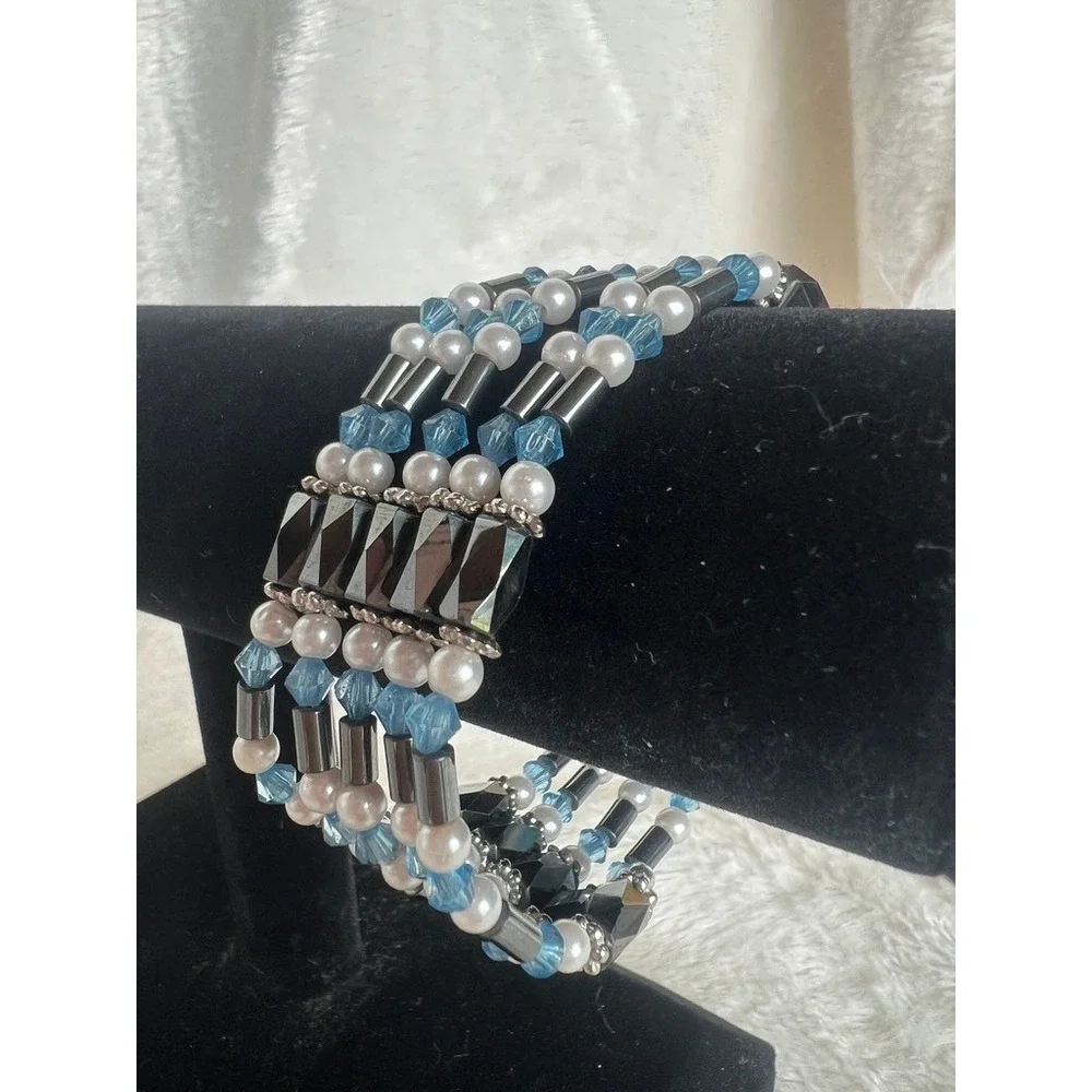 Hematite Wrap Bracelet Magnetic Beaded Multi Strand Faux Pearl Blue‎ Crystal